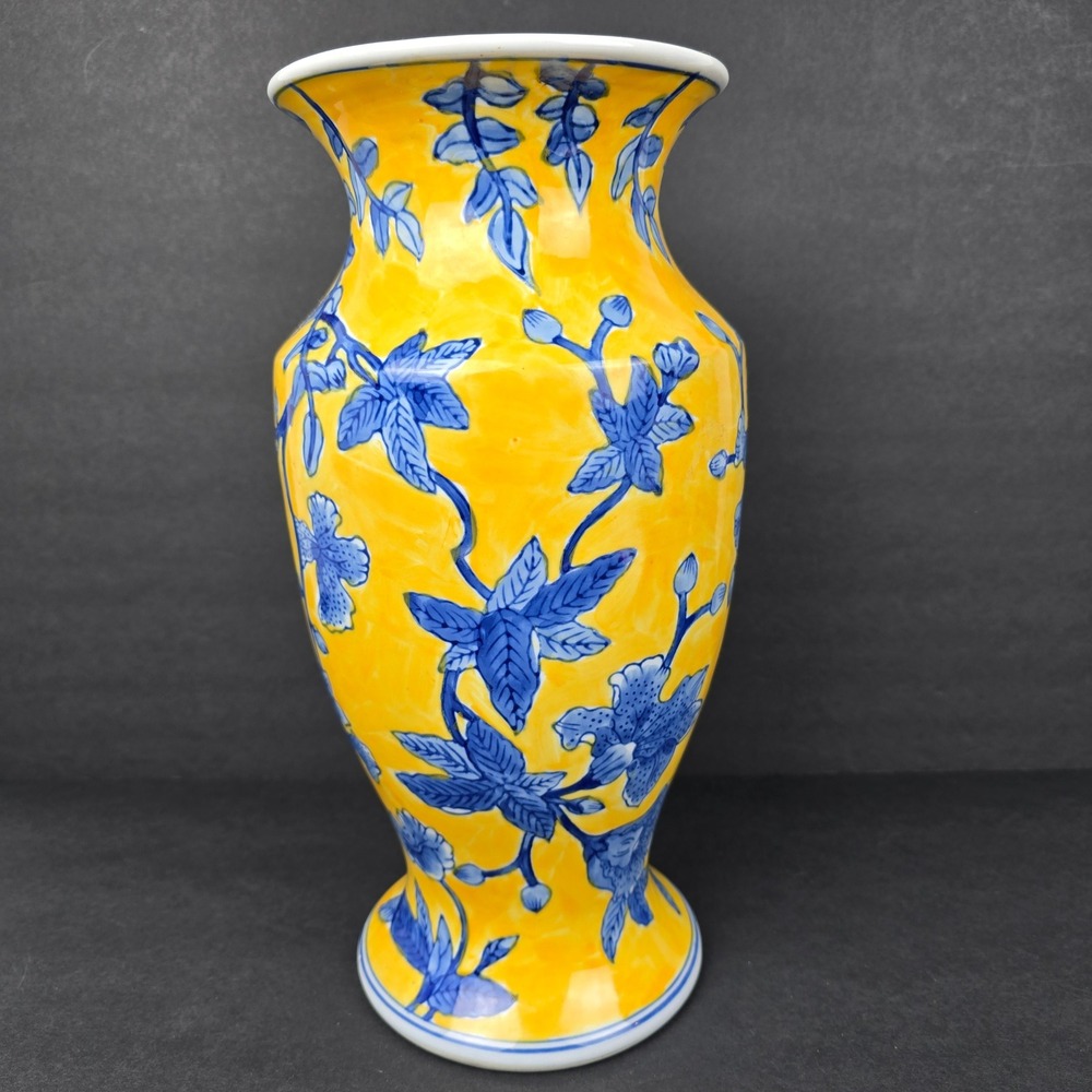 Vintage Yellow Blue Floral Porcelain Vase 13.5" Chinoiserie China